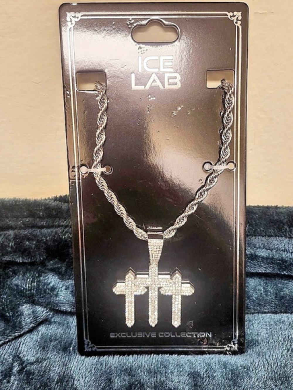 Ice Lab Rhinestone Triple Cross Pendant Necklace in Silver NWT